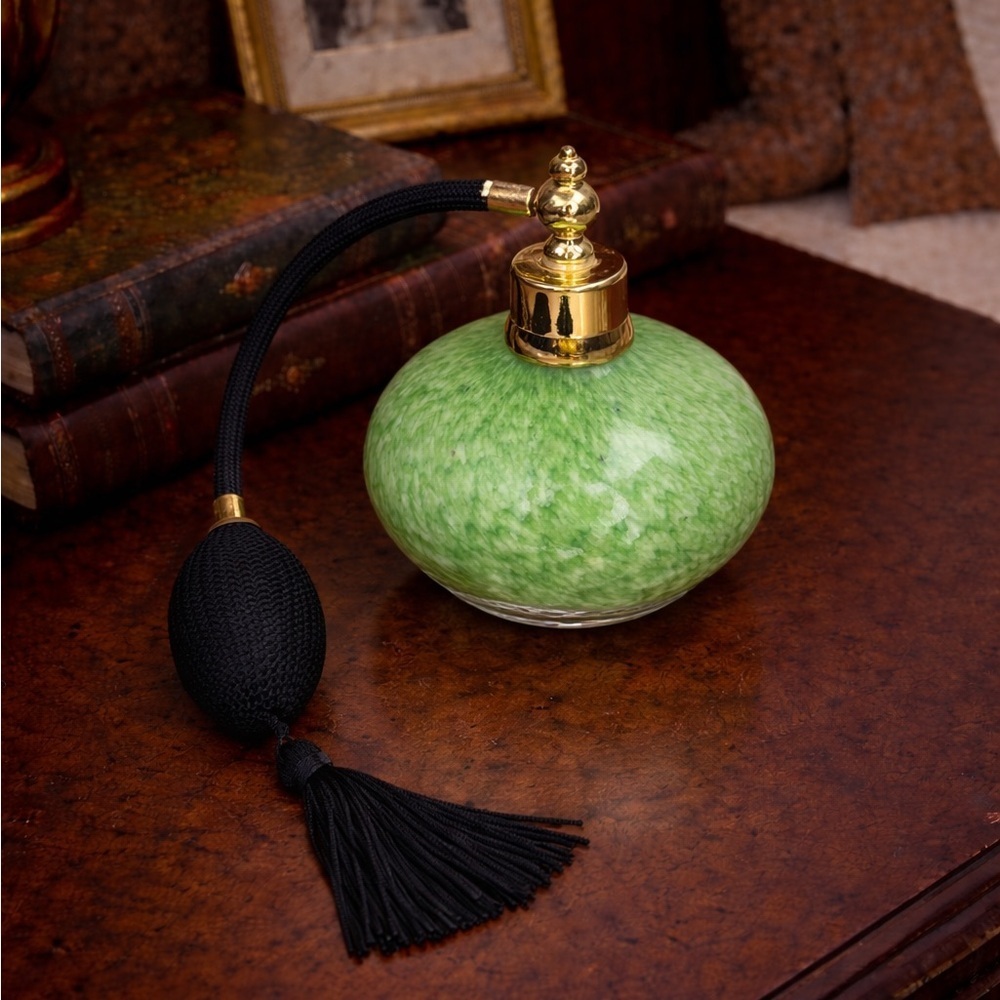 Vintage Green Art Glass Perfume Bottle Atomizer Black Tassel